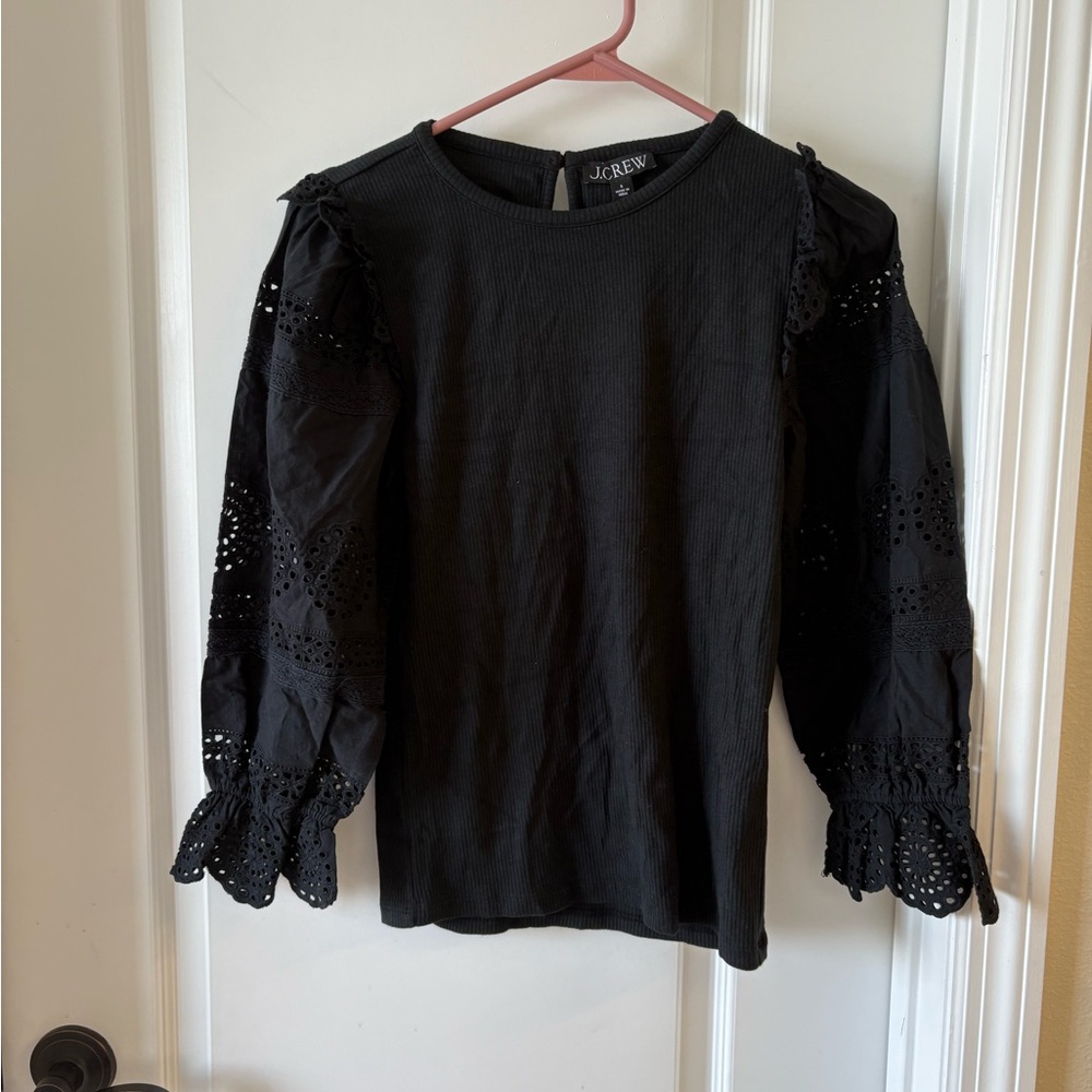 J.Crew Black Ribbed Knit Top Eyelet Puff Sleeves Size S Style BT680